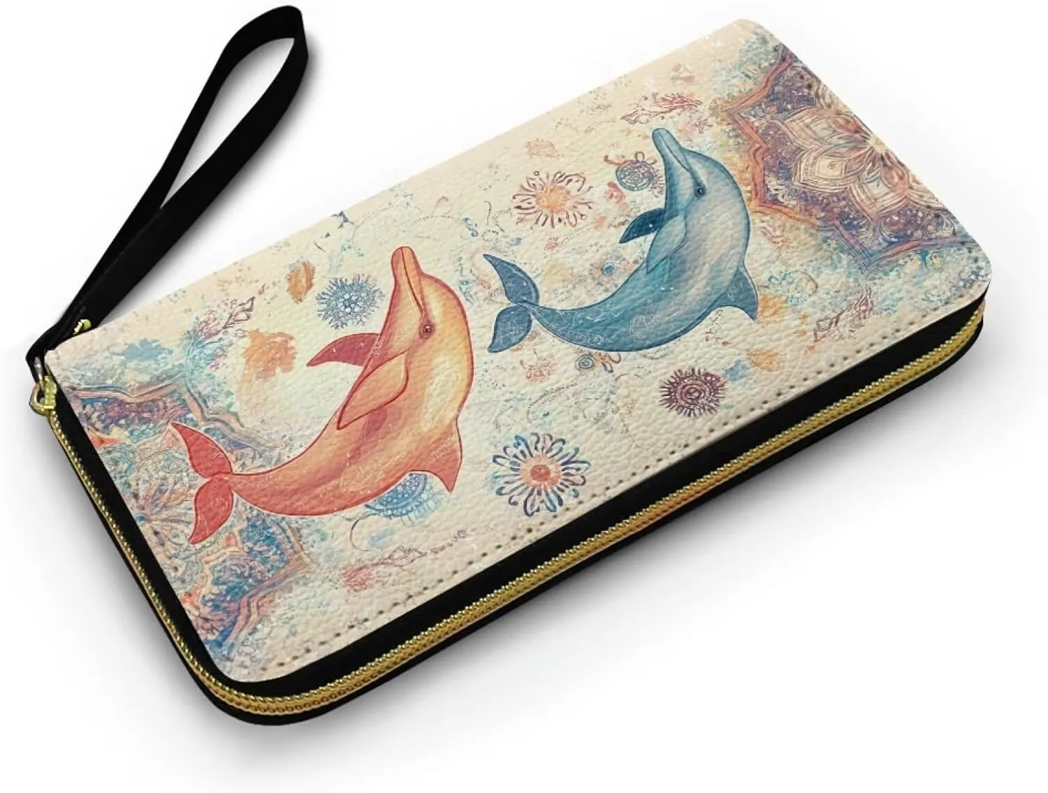 Boho Mandala Wristlet Clutch, Dolphin Print Leather Purse Clutch Wallet, Portable Travel Long Purse, Wristlet Clutch for Women, Large Capacity Credit Card Holder