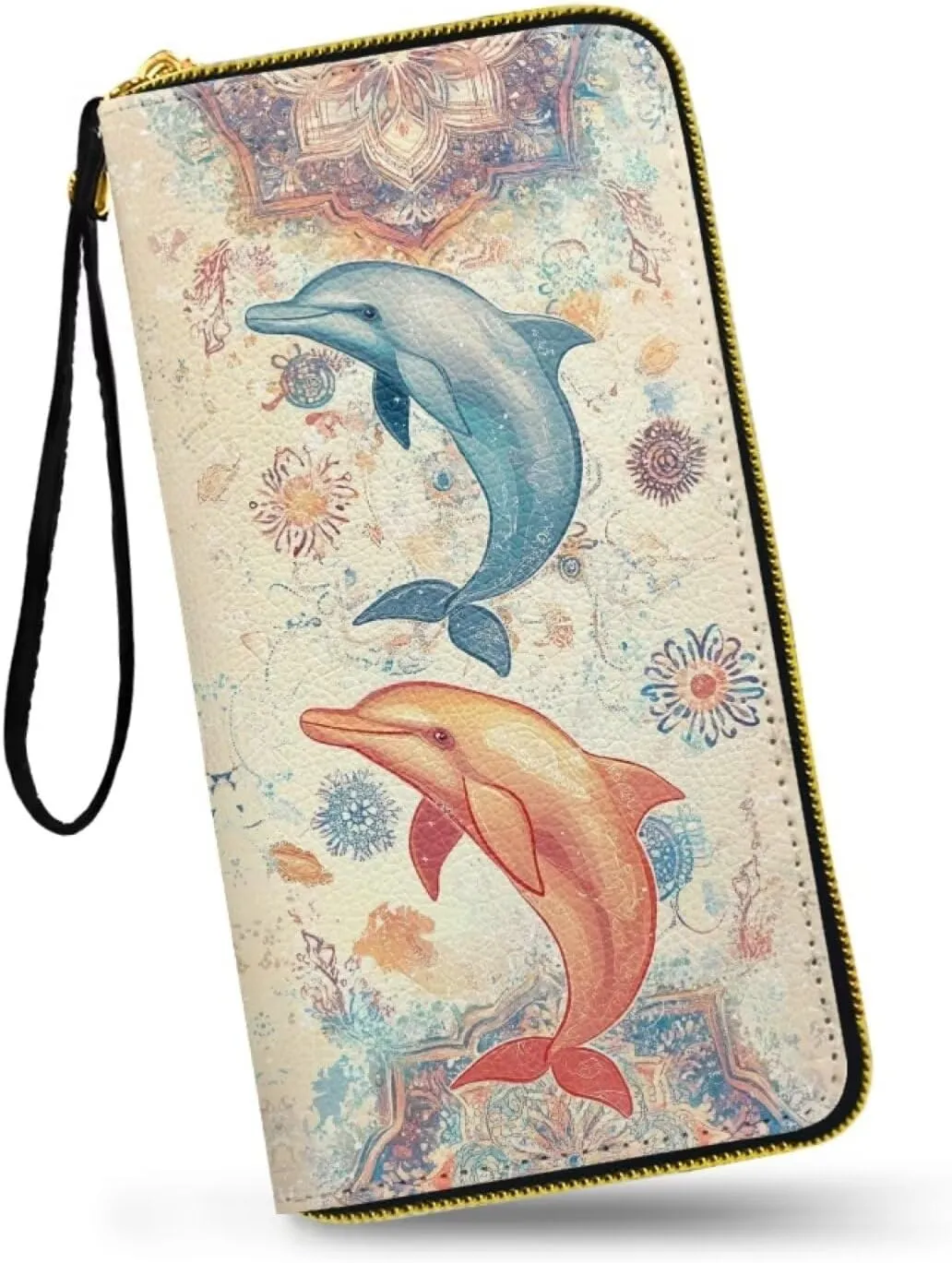 Boho Mandala Wristlet Clutch, Dolphin Print Leather Purse Clutch Wallet, Portable Travel Long Purse, Wristlet Clutch for Women, Large Capacity Credit Card Holder