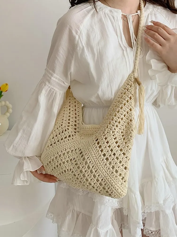 Boho Straw Bags for Women Large Woven Tote Bag Straw Beach Bag Shoulder Bags Purse Handbags Summer Straw Hobo Bag