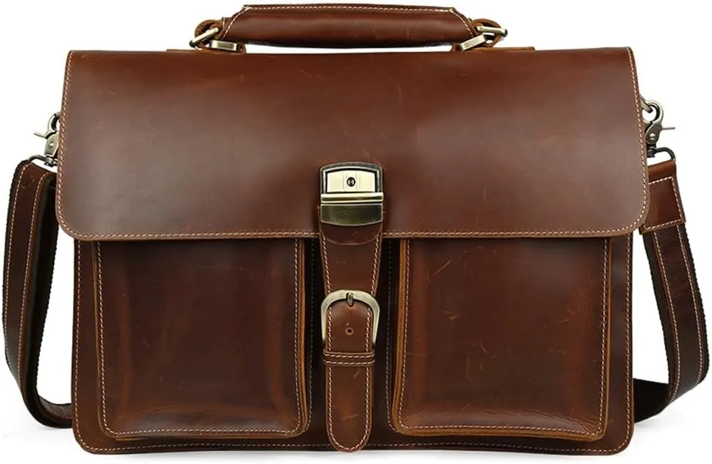 Briefcase Shoulder Bag Large Men's Tote Business Bag Crazy Horse Leather