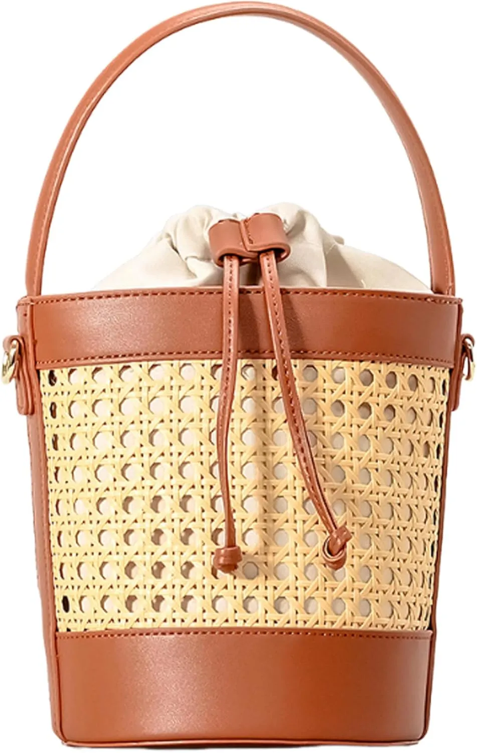 Bucket Bags for Women Ladies 2025 Handmade Rattan Woven Handbags Summer Beach Straw Purses PU Leather Crossbody Bag