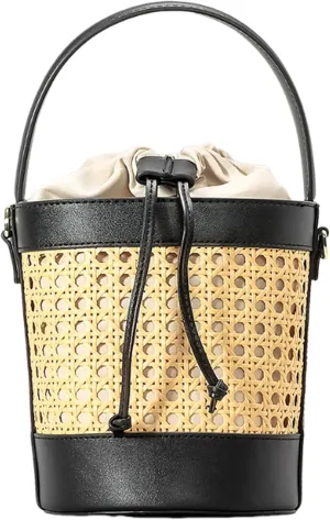 Bucket Bags for Women Ladies 2025 Handmade Rattan Woven Handbags Summer Beach Straw Purses PU Leather Crossbody Bag