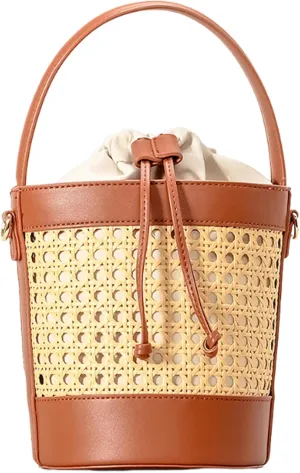 Bucket Bags for Women Ladies 2025 Handmade Rattan Woven Handbags Summer Beach Straw Purses PU Leather Crossbody Bag