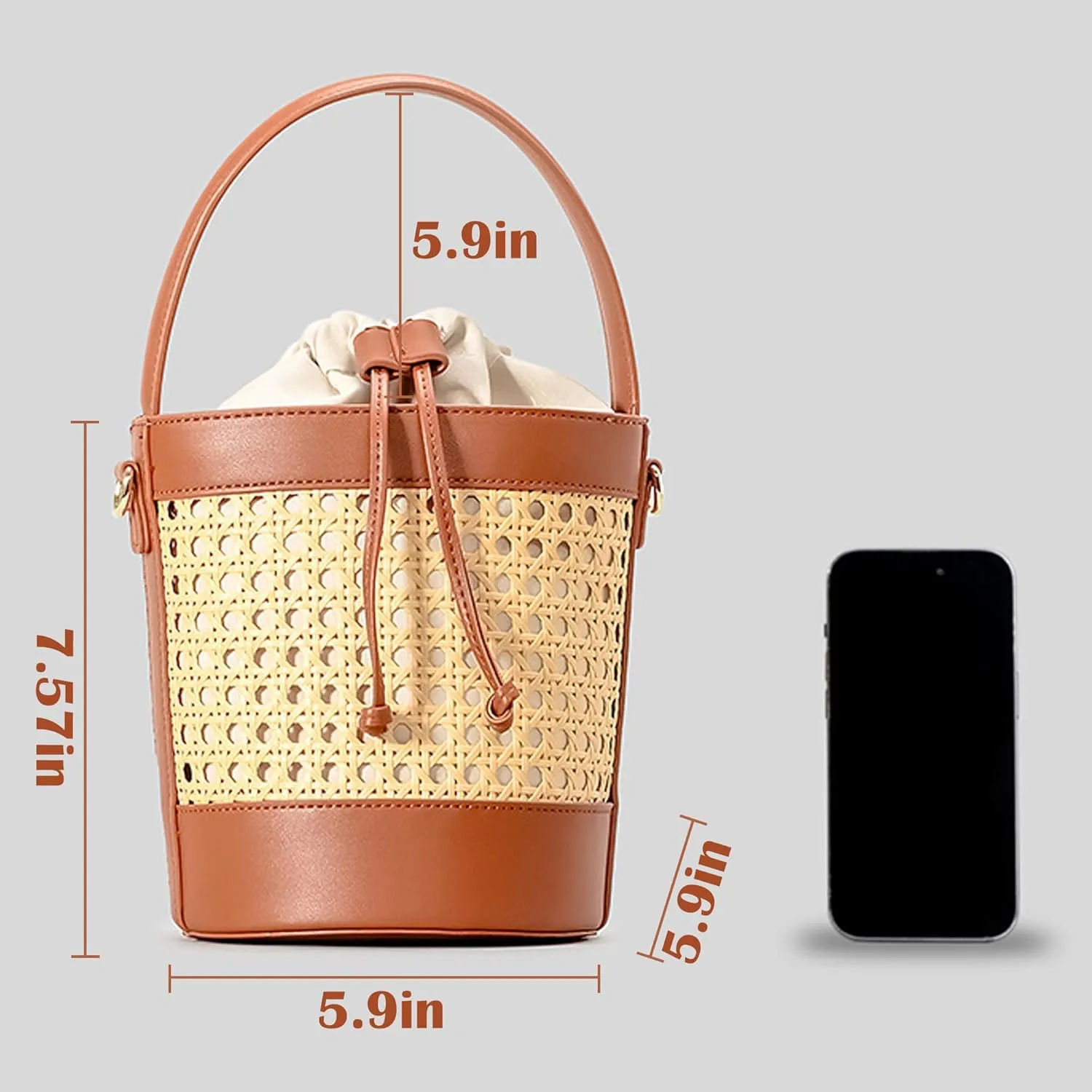 Bucket Bags for Women Ladies 2025 Handmade Rattan Woven Handbags Summer Beach Straw Purses PU Leather Crossbody Bag