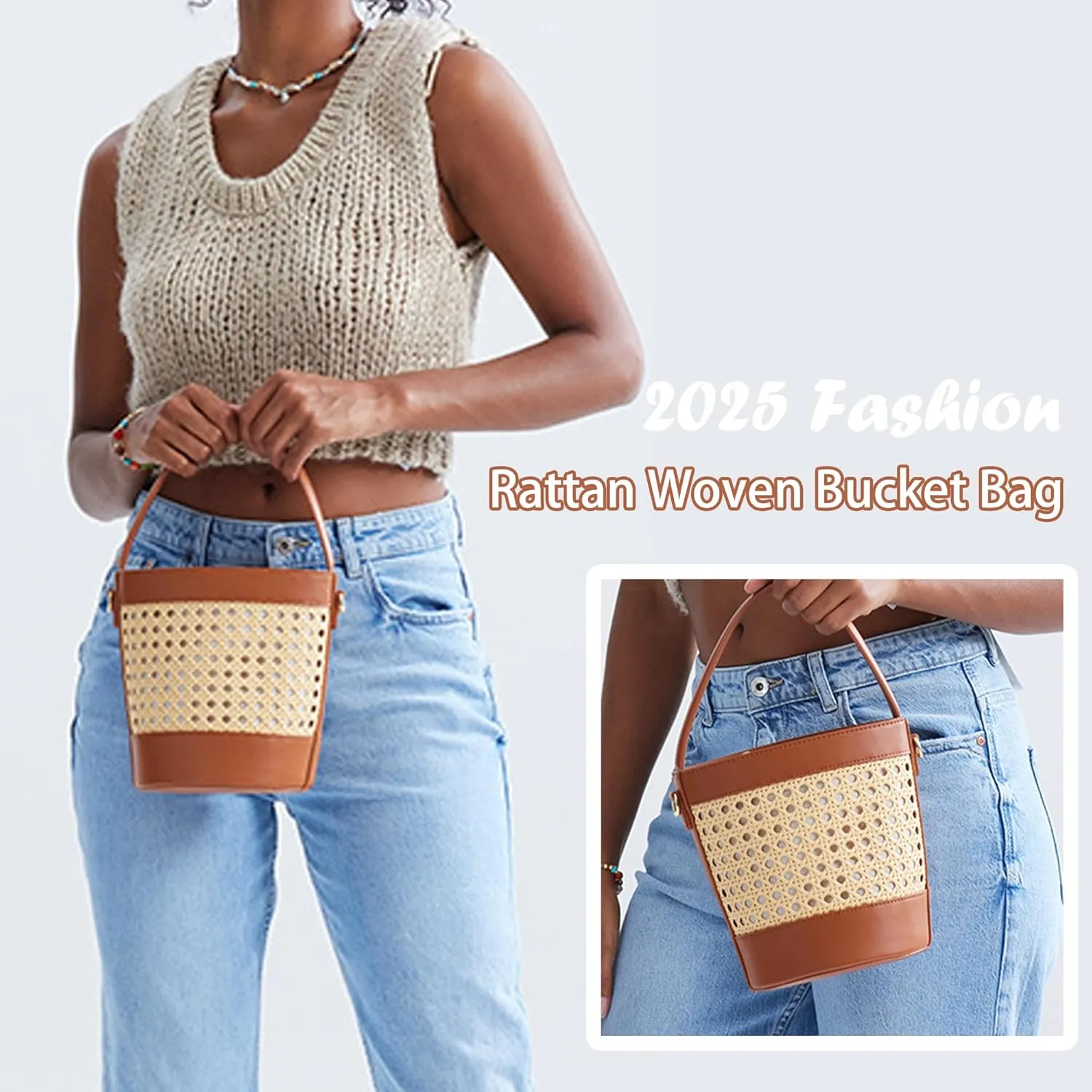 Bucket Bags for Women Ladies 2025 Handmade Rattan Woven Handbags Summer Beach Straw Purses PU Leather Crossbody Bag