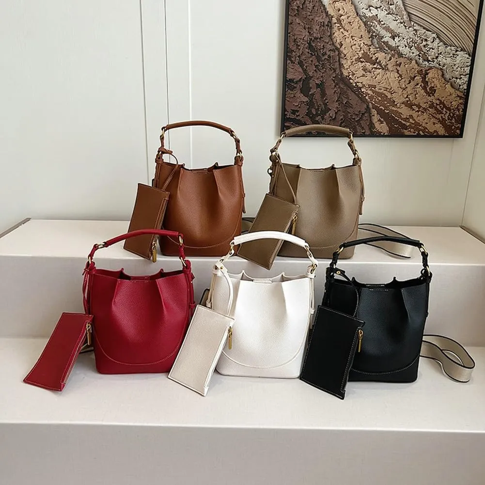 Bucket Bags Women 2025 Trendy Retro Shoulder Crossbody Purse Satchel Top-Handle Hobo Handbags Removeable Strap 2 PCS