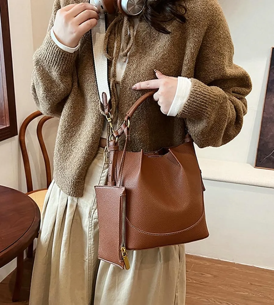 Bucket Bags Women 2025 Trendy Retro Shoulder Crossbody Purse Satchel Top-Handle Hobo Handbags Removeable Strap 2 PCS