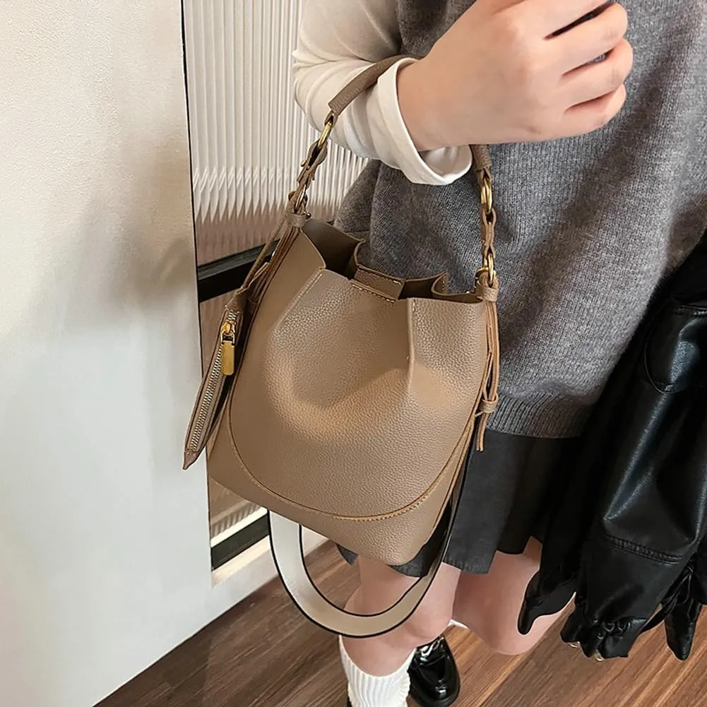 Bucket Bags Women 2025 Trendy Retro Shoulder Crossbody Purse Satchel Top-Handle Hobo Handbags Removeable Strap 2 PCS