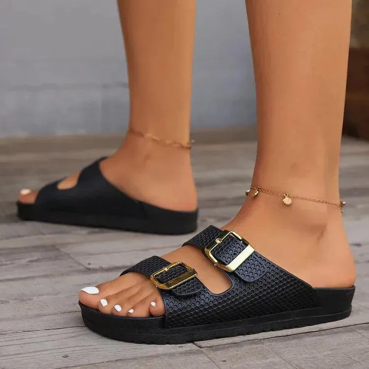 Buckle Detail Open-Toe Flat Sandals