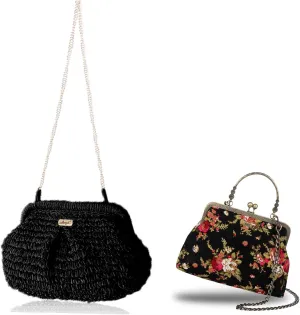 Bundle 2 Items - Floral Purse Black Straw Clutch Purses for Women