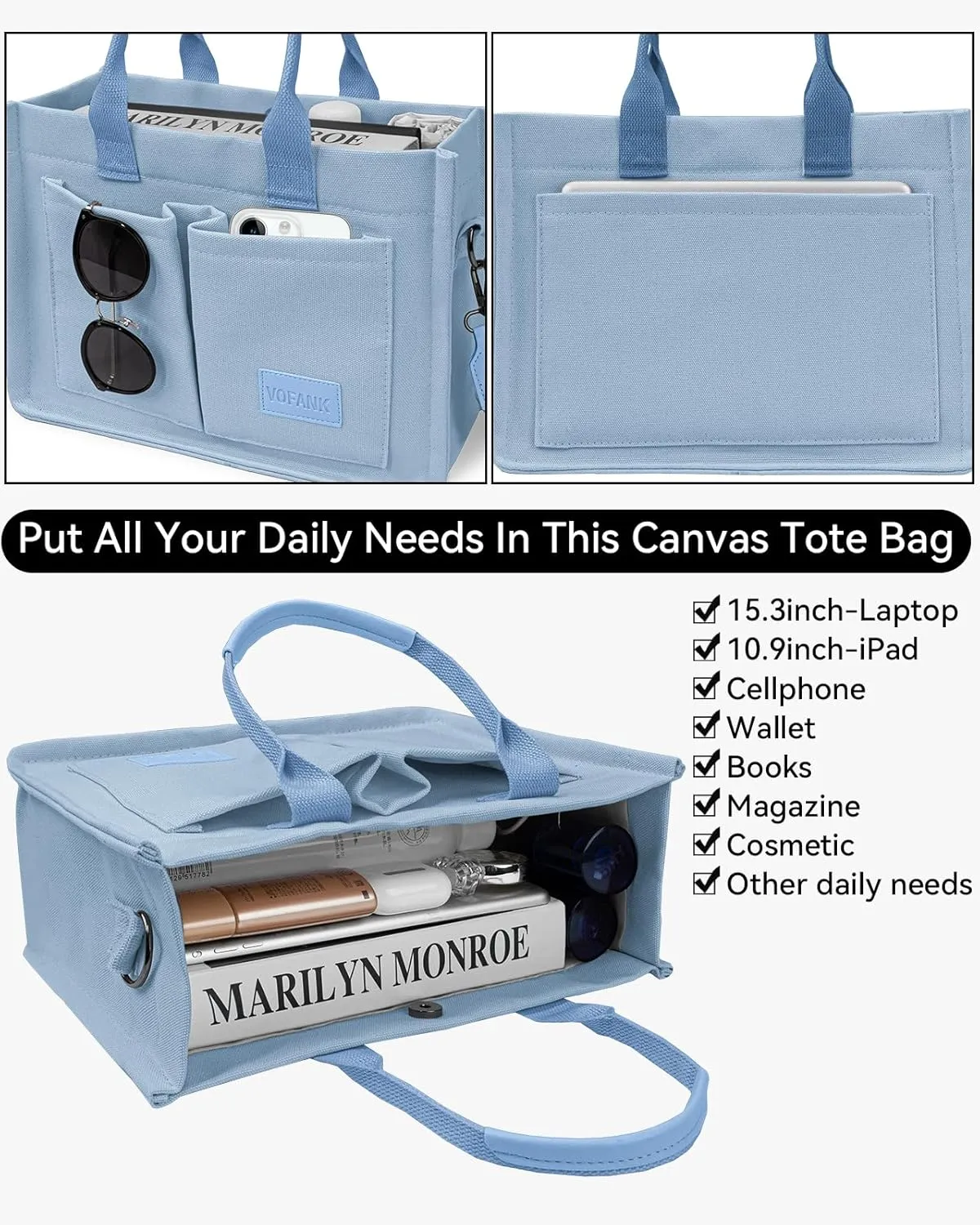 Canvas Tote Bag for Women with Pockets Large Crossbody Bag Satchel Bag Handbag Everything Everyday Bag for Work Daily