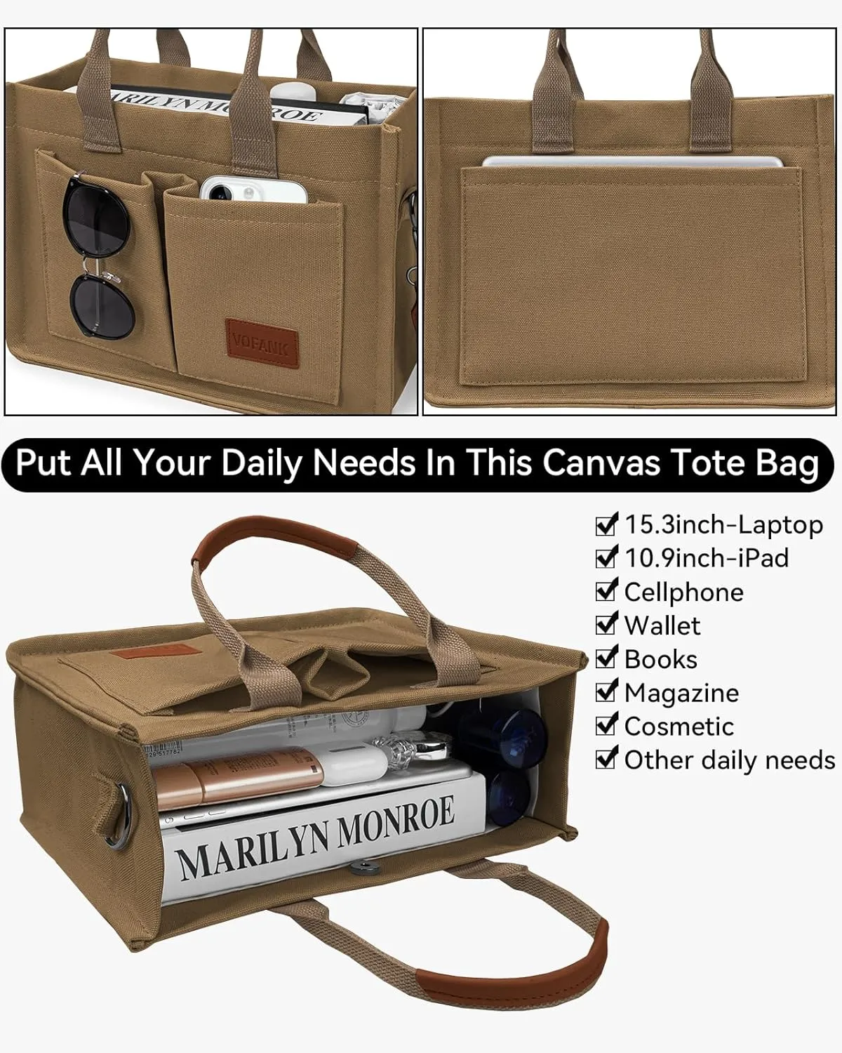 Canvas Tote Bag for Women with Pockets Large Crossbody Bag Satchel Bag Handbag Everything Everyday Bag for Work Daily