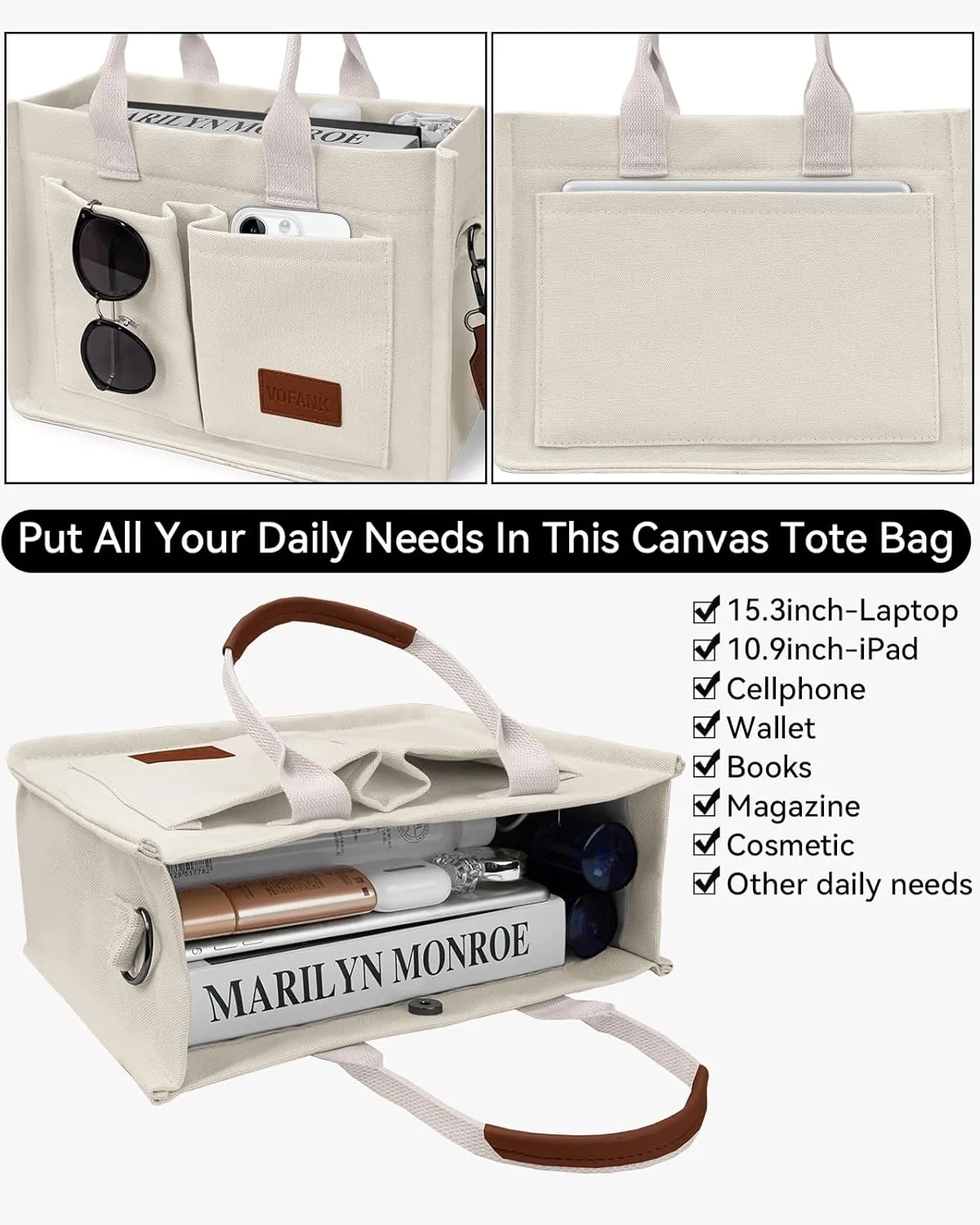 Canvas Tote Bag for Women with Pockets Large Crossbody Bag Satchel Bag Handbag Everything Everyday Bag for Work Daily