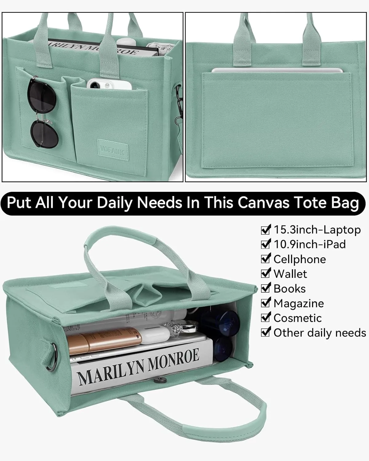 Canvas Tote Bag for Women with Pockets Large Crossbody Bag Satchel Bag Handbag Everything Everyday Bag for Work Daily