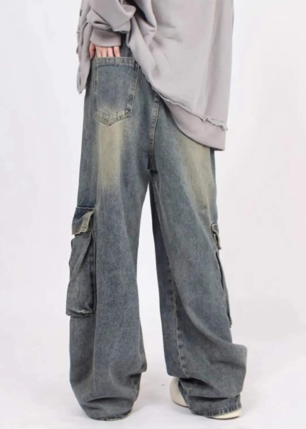 Casual Denim Blue Patchwork Pockets Men Straight Pants Summer SA031