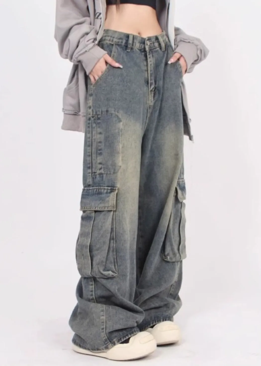 Casual Denim Blue Patchwork Pockets Men Straight Pants Summer SA031