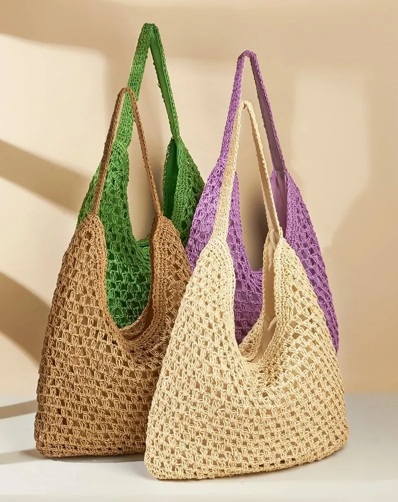 Casual Straw Shoulder Bags for Women Woven Handbags Large Bucket Hobo Tote Bag Summer Beach Top Handle Purse