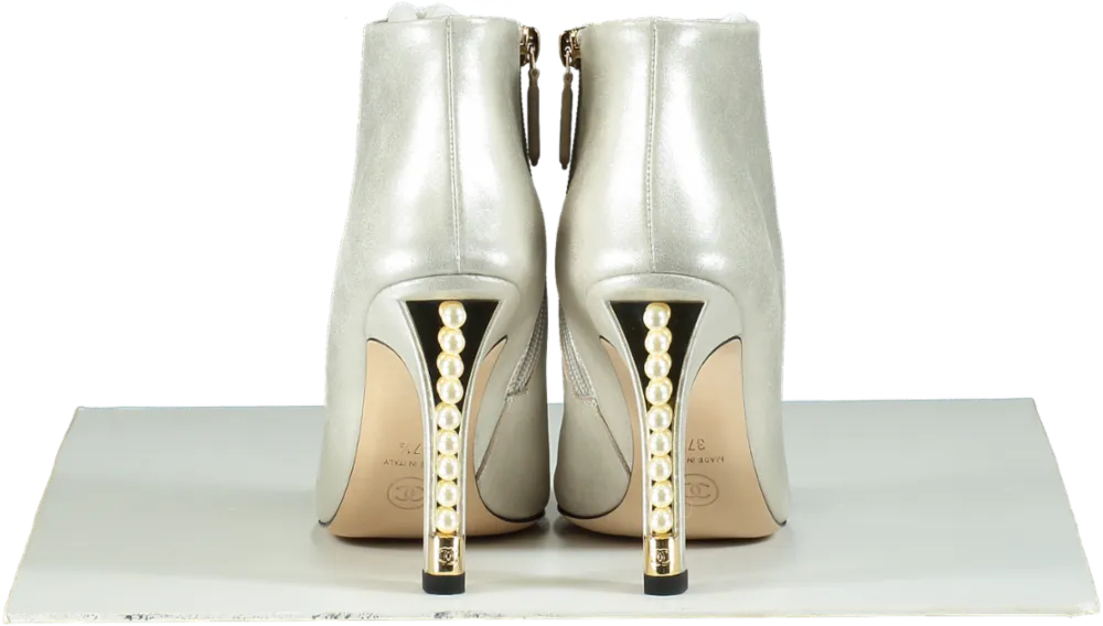 Chanel Metallic Leather Pearl Embellished CC Ankle Boots UK 4.5 EU 37.5
