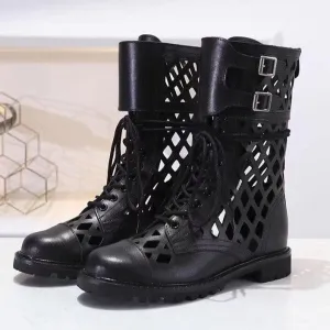 Chic hollowing out style Ankle Boots Women genuine leather runway shoes femme comfy flat heel Chelsea boots cross lace up mujer