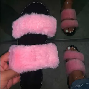 Chicvane Fahion Style Womens Slippers with Fur Flat Sandals