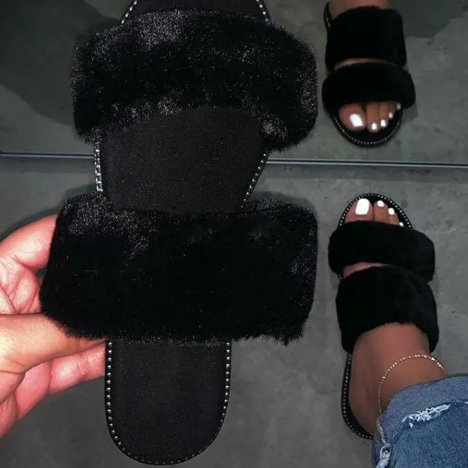 Chicvane Fahion Style Womens Slippers with Fur Flat Sandals