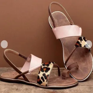 Chicvane Leopard Print Clip Toe Flat Sandals with Elastic Band