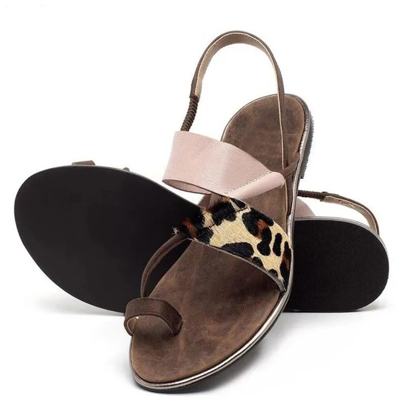 Chicvane Leopard Print Clip Toe Flat Sandals with Elastic Band