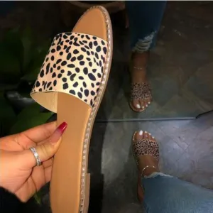 Chicvane Leopard Print Flat Sandals Womens Slides Shoes