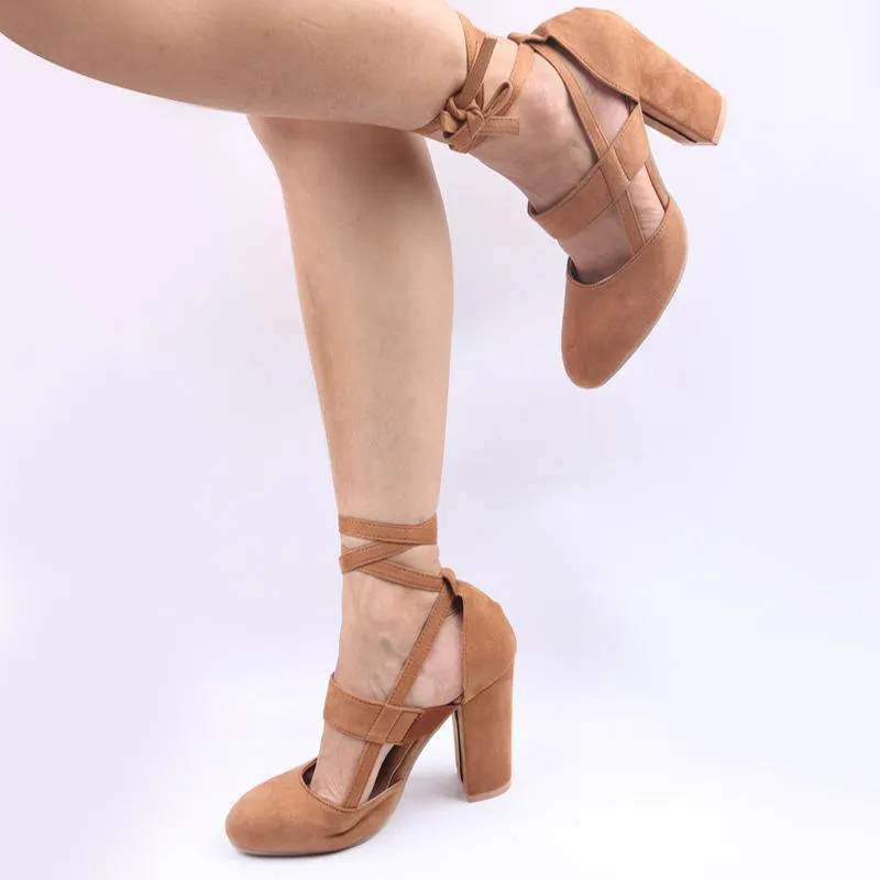 Chicvane Solid Suede Lace Up Chunky heel Sandal Shoes