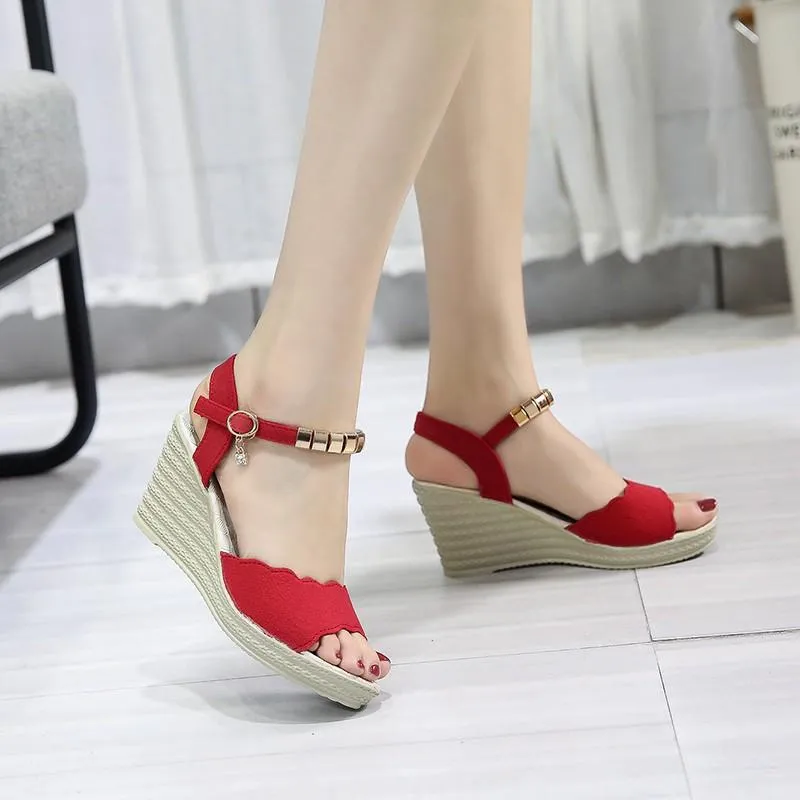 Chicvane Suede Metallic Decoration Buckle Closure Wedge Sandals Espadrille Sandals