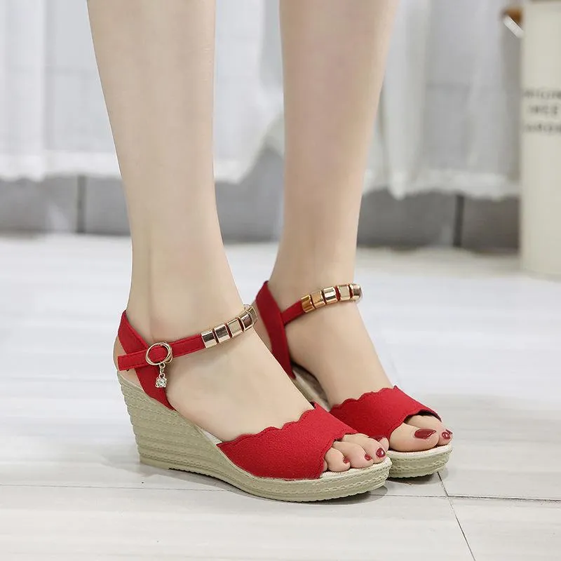 Chicvane Suede Metallic Decoration Buckle Closure Wedge Sandals Espadrille Sandals