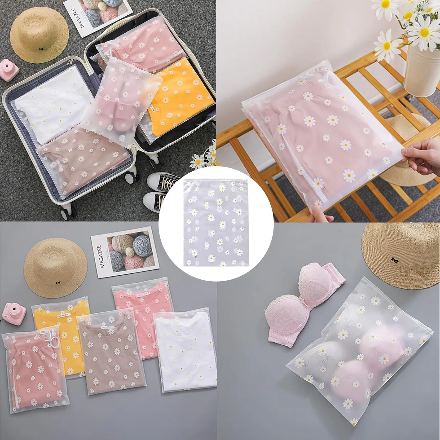 Clear Plastic Ziplock Garment Bags - Self-Sealing Storage Bags for Clothing, Gifts, Shipping, PEVA Material, Small Daisy Pattern, 12" x 16" / 30 x 40 cm, 50 Pack