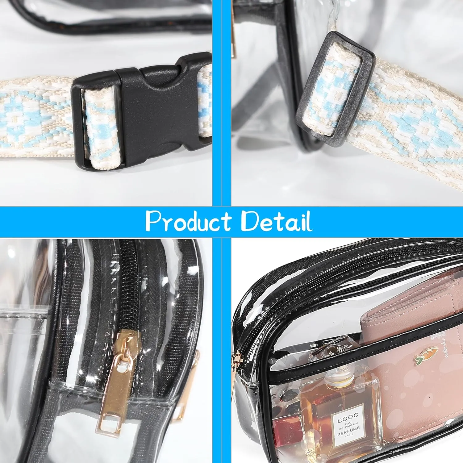 Clear Purse Clear Crossbody Bag For Women Clear Bag Stadium Approved Clear Fanny Pack with Adjustable Guitar Strap,Clear Waist Bag Pouch for Concerts Sport Hiking Running