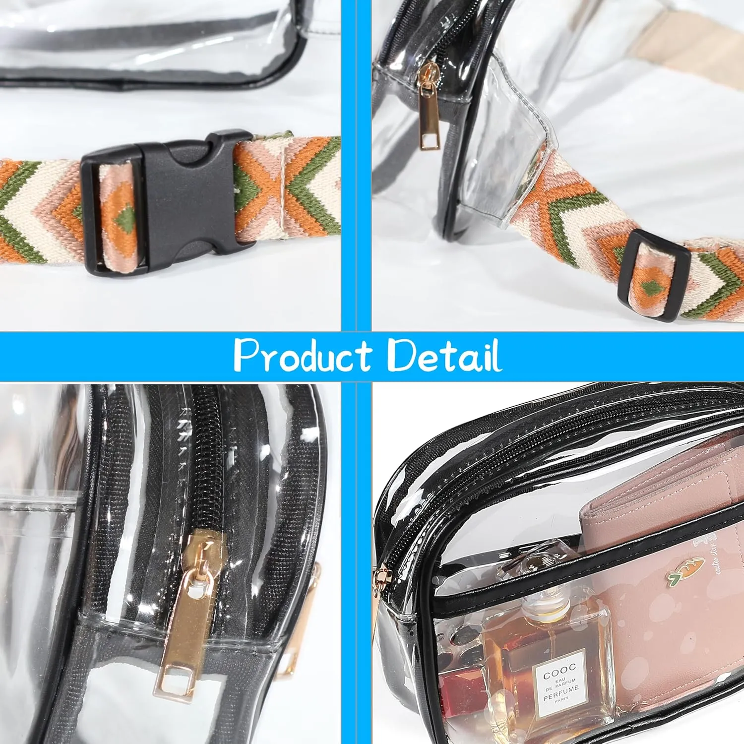 Clear Purse Clear Crossbody Bag For Women Clear Bag Stadium Approved Clear Fanny Pack with Adjustable Guitar Strap,Clear Waist Bag Pouch for Concerts Sport Hiking Running