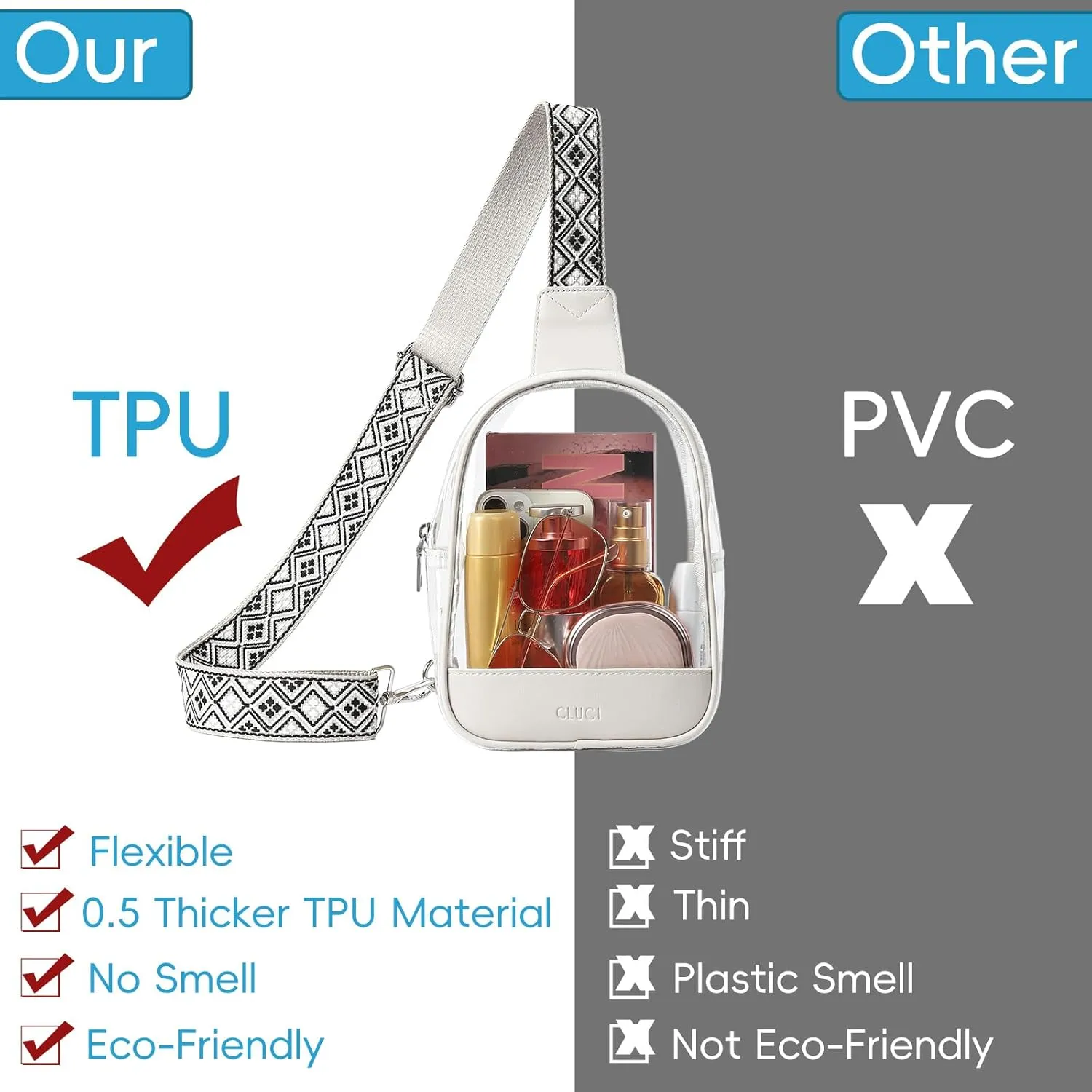 CLUCI Clear Bag for Stadium Events, Clear Crossbody Bag Purses for women stadium Transparent, Concerts Sports