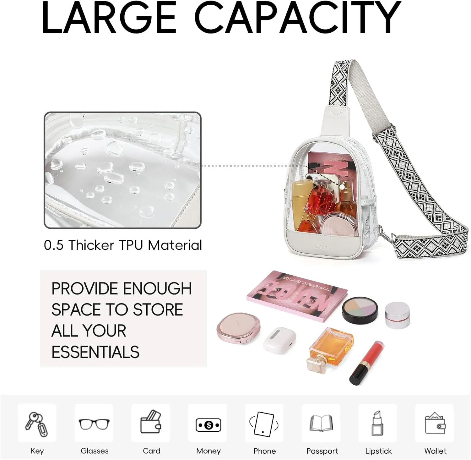 CLUCI Clear Bag for Stadium Events, Clear Crossbody Bag Purses for women stadium Transparent, Concerts Sports