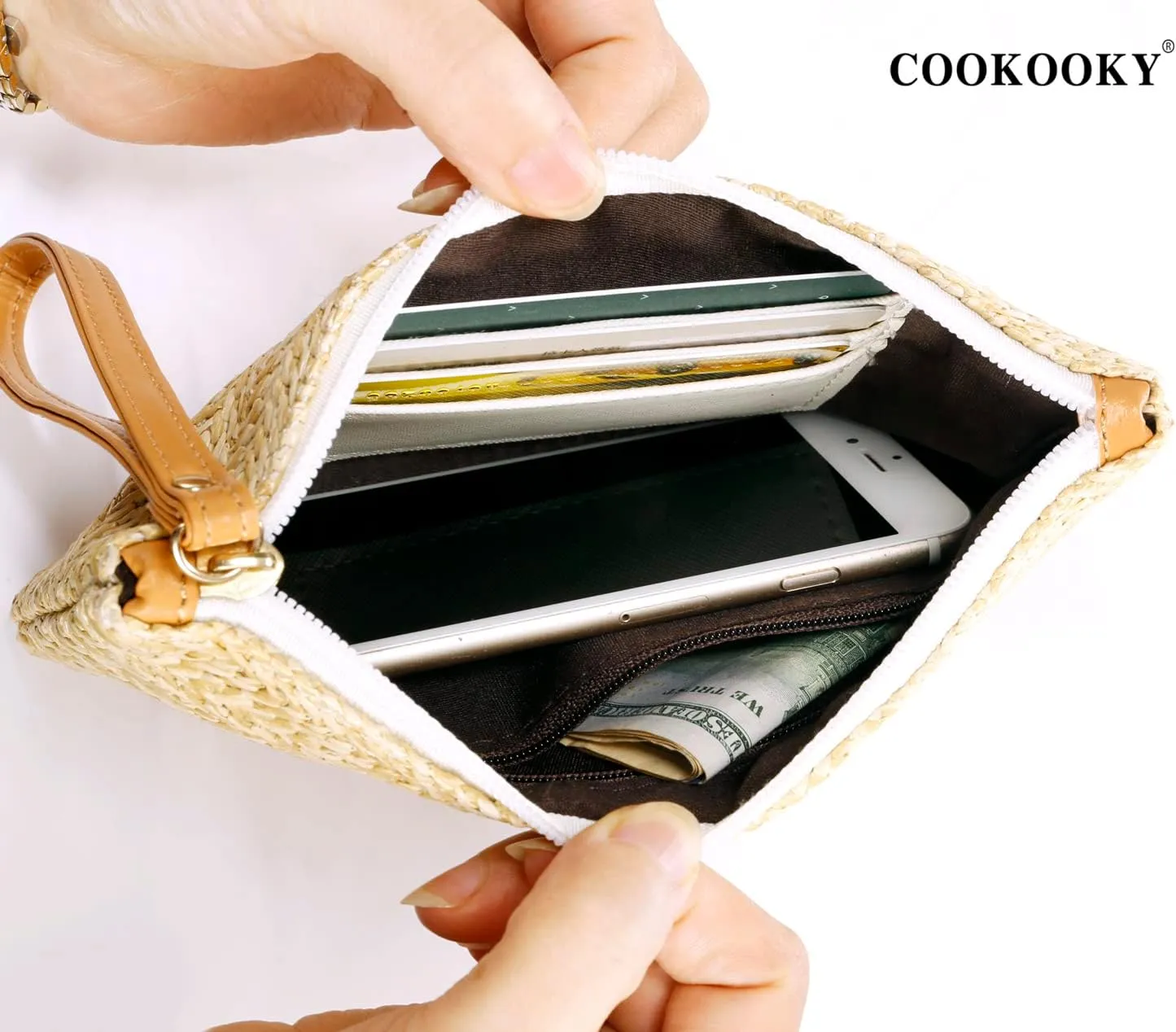 COOKOOKY Womens Straw Clutch Bag Bohemian Summer Beach Straw Purse Zipper Wristlet Wallets for Women
