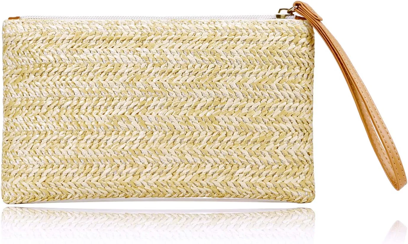 COOKOOKY Womens Straw Clutch Bag Bohemian Summer Beach Straw Purse Zipper Wristlet Wallets for Women