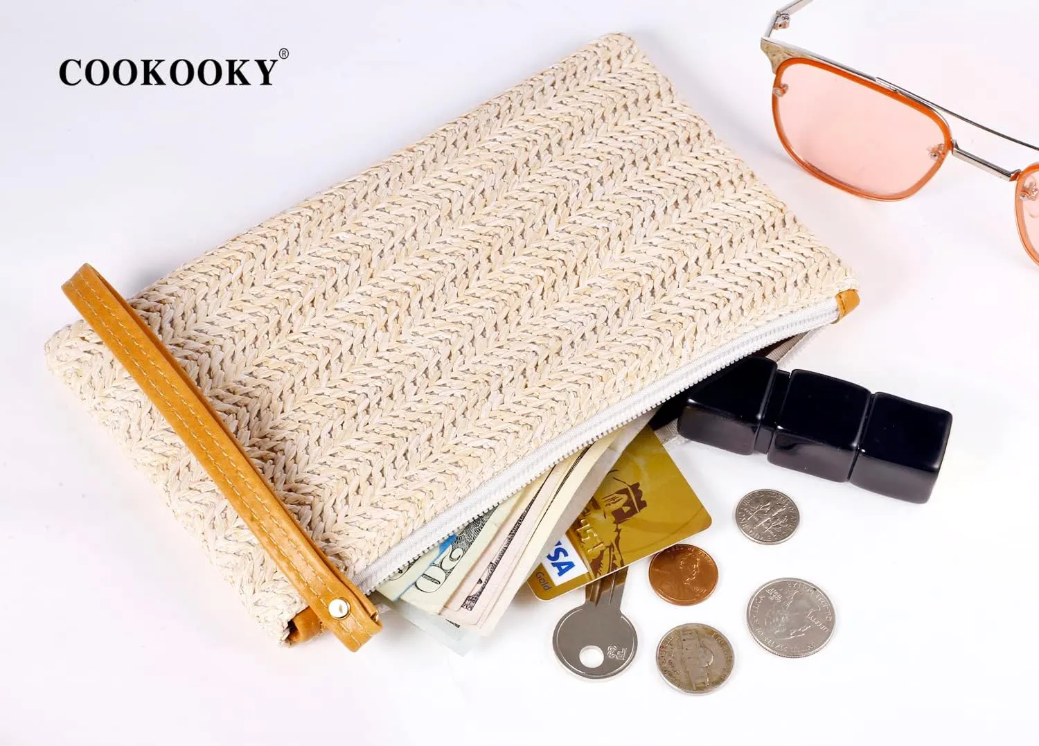 COOKOOKY Womens Straw Clutch Bag Bohemian Summer Beach Straw Purse Zipper Wristlet Wallets for Women