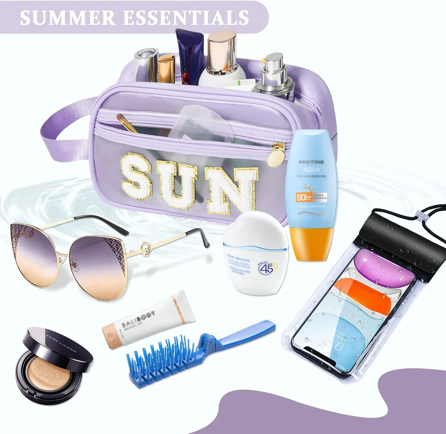 COSHAYSOO Clear Sunscreen Bag Makeup Toiletries Pouch Beach Vacation Essentials Summer Travel Stuff Accessories Personalized Graduation Gifts for Her Women College Teen Girls Teacher Nurse Purple SUN