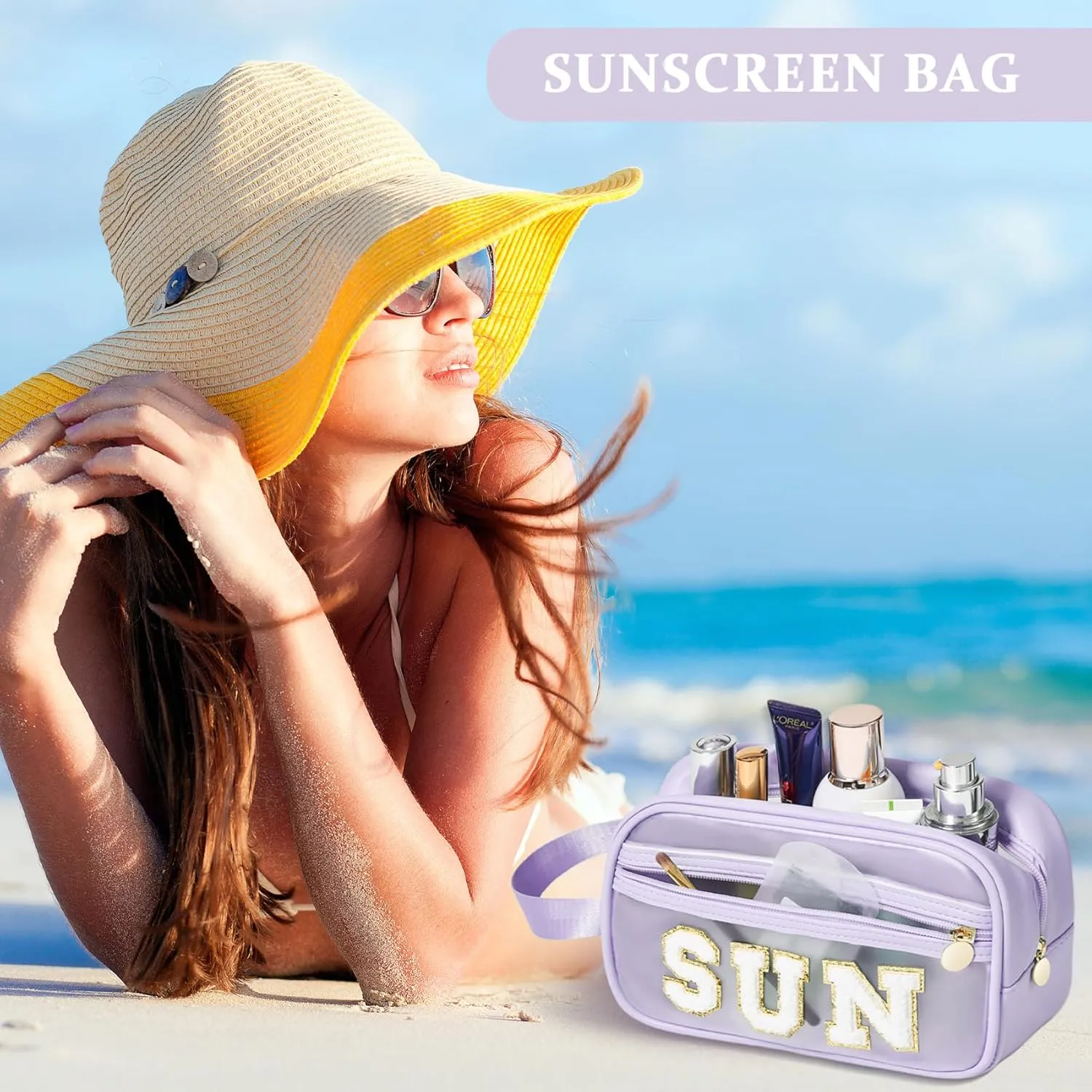 COSHAYSOO Clear Sunscreen Bag Makeup Toiletries Pouch Beach Vacation Essentials Summer Travel Stuff Accessories Personalized Graduation Gifts for Her Women College Teen Girls Teacher Nurse Purple SUN