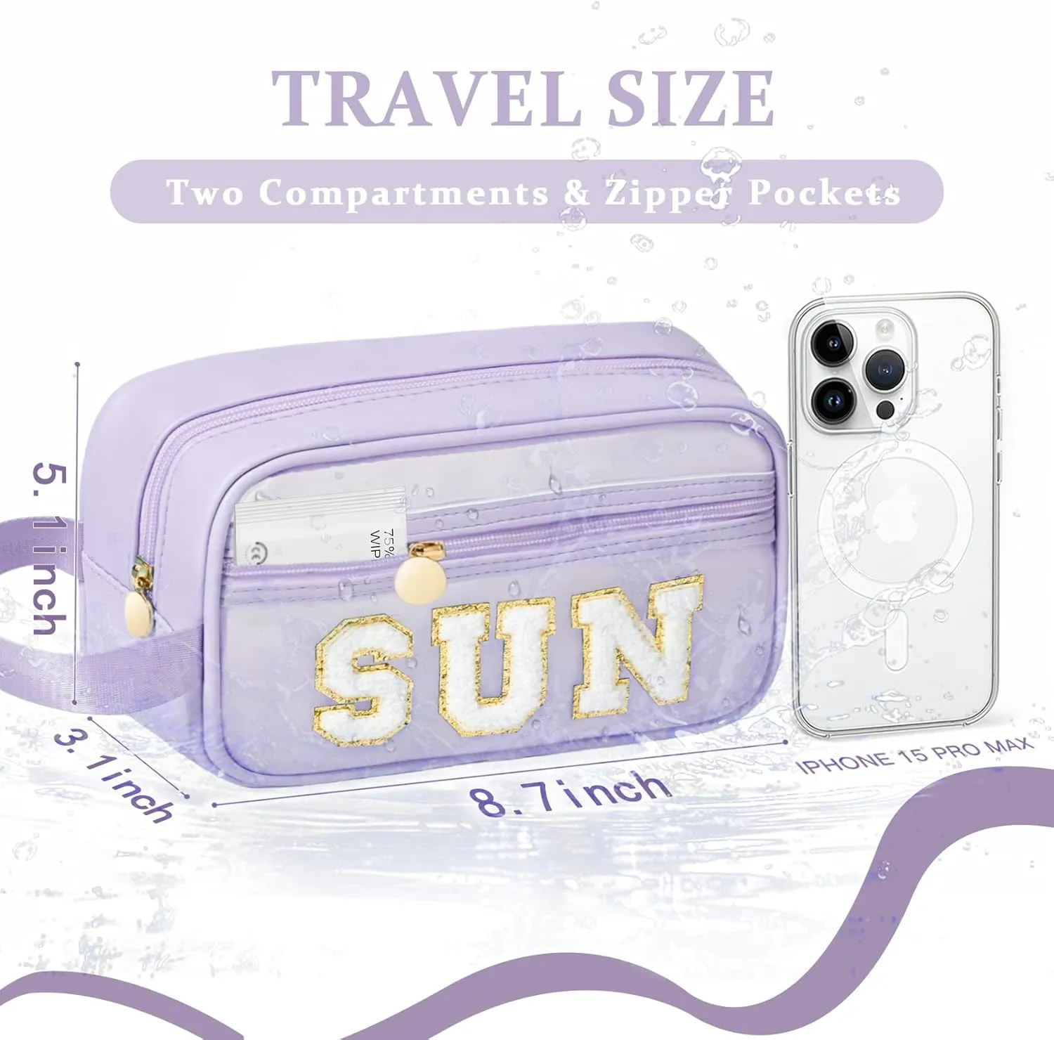 COSHAYSOO Clear Sunscreen Bag Makeup Toiletries Pouch Beach Vacation Essentials Summer Travel Stuff Accessories Personalized Graduation Gifts for Her Women College Teen Girls Teacher Nurse Purple SUN
