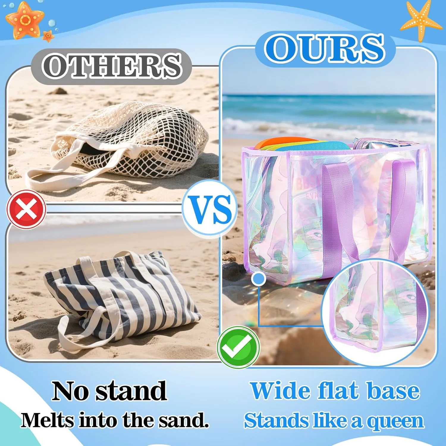 Cosweet 26L Iridescent Beach Tote Bag for Women - Waterproof Sandproof TPU Bag & 3 Small Beach Pouches for Travel Vacation