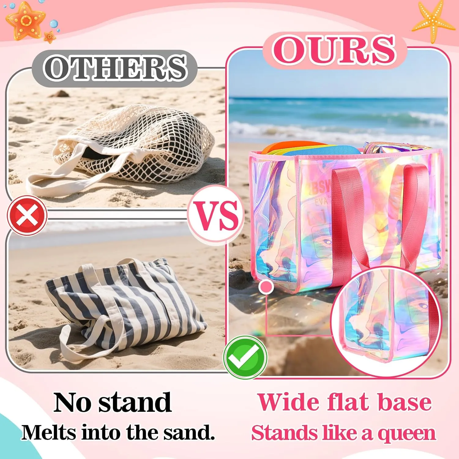 Cosweet 26L Iridescent Beach Tote Bag for Women - Waterproof Sandproof TPU Bag & 3 Small Beach Pouches for Travel Vacation