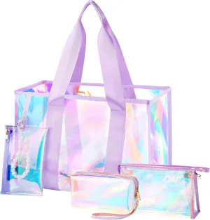 Cosweet 26L Iridescent Beach Tote Bag for Women - Waterproof Sandproof TPU Bag & 3 Small Beach Pouches for Travel Vacation