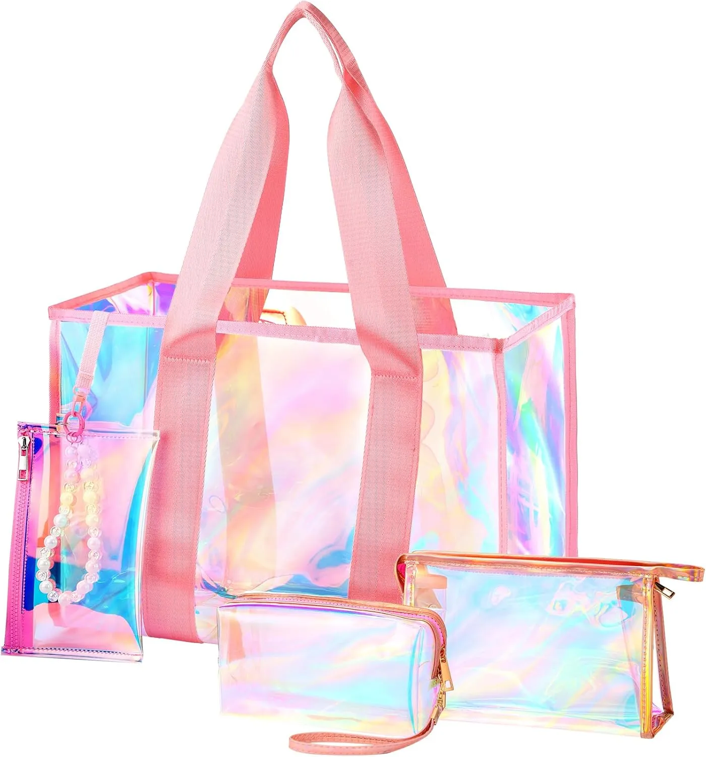 Cosweet 26L Iridescent Beach Tote Bag for Women - Waterproof Sandproof TPU Bag & 3 Small Beach Pouches for Travel Vacation