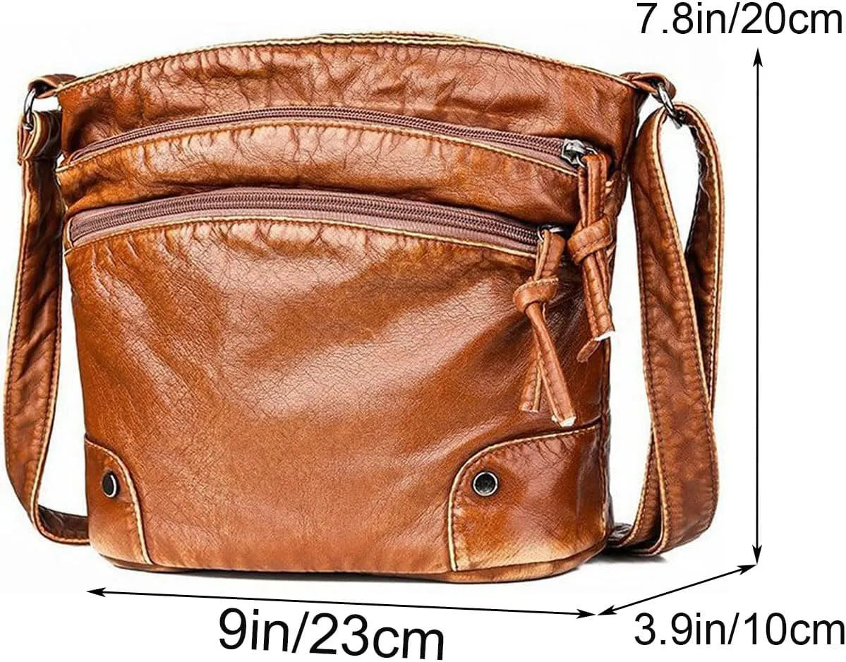 Crossbody Bag for Women Multi Pocket Shoulder Bags Medium Travel Purse Soft Washed Leather Satchel
