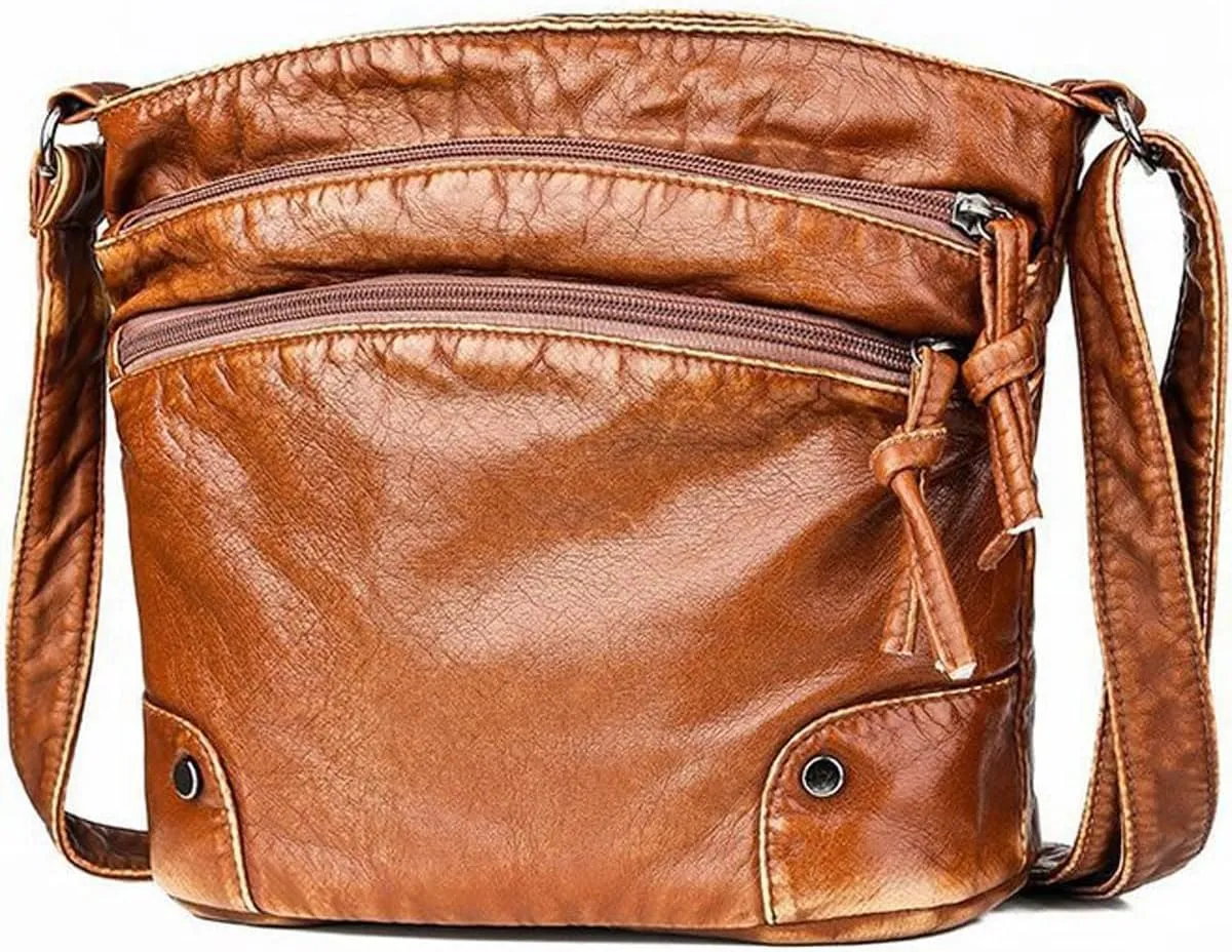 Crossbody Bag for Women Multi Pocket Shoulder Bags Medium Travel Purse Soft Washed Leather Satchel