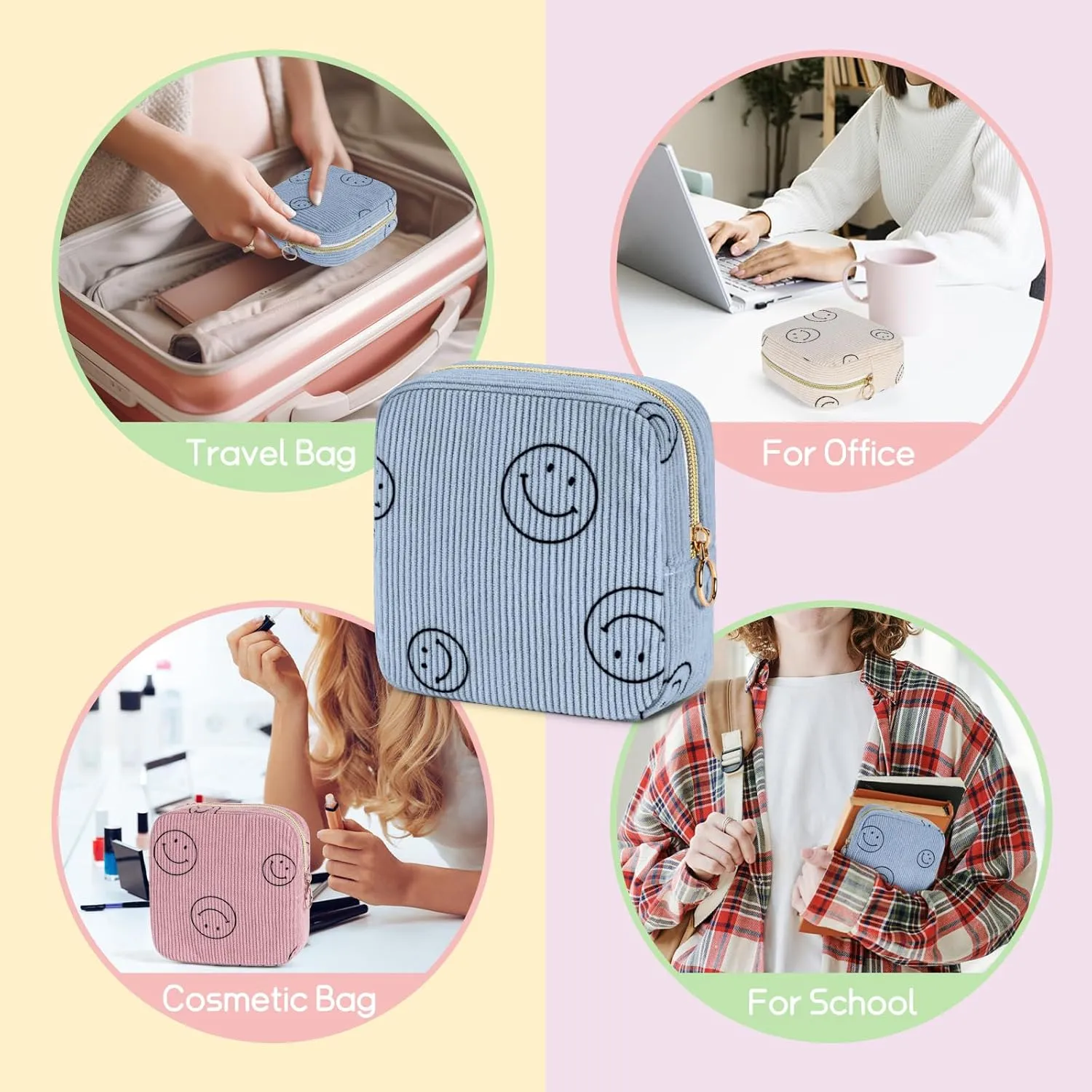 Cute Small Makeup Bag Corduroy Cosmetic Bag for Women Travel Make Up Pouch for Purse Mini Cosmetic Pouch Organizer with Zipper - Beige