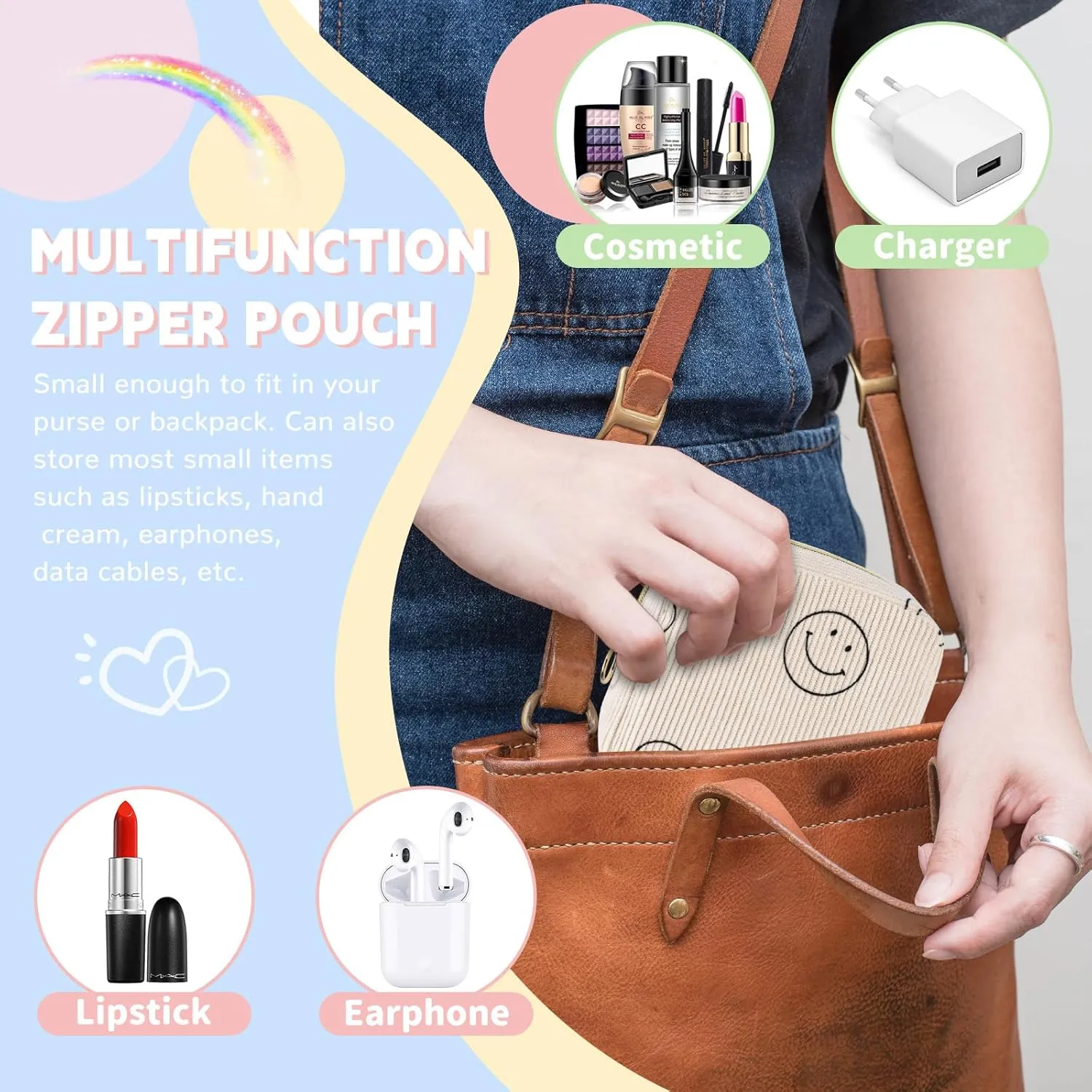 Cute Small Makeup Bag Corduroy Cosmetic Bag for Women Travel Make Up Pouch for Purse Mini Cosmetic Pouch Organizer with Zipper - Beige